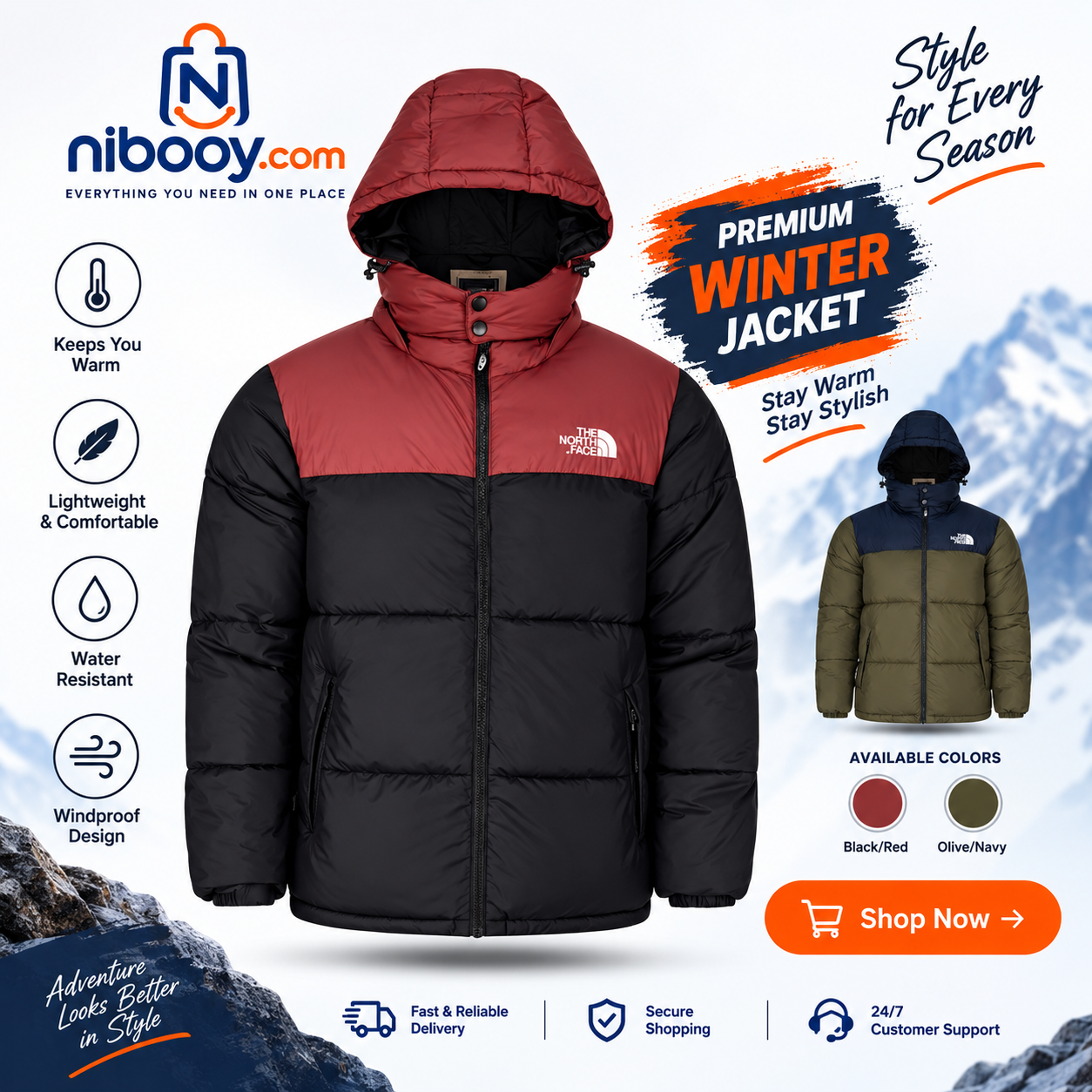 Premium Hooded Winter Puffer Jacket – Black & Burgundy